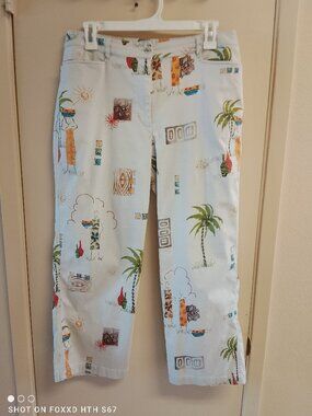 Women's Vintage Chico's Tan Island Print Crop Pants Size 1.5 (10)